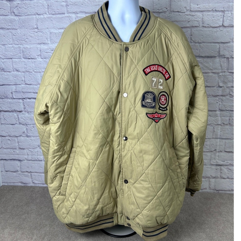 VTG Ecko Unlimited Reversible Bomber Jacket Mens Large Satin Quilted Tan Navy‎